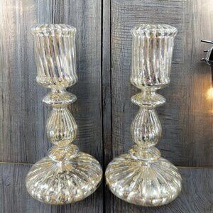 Vintage Mercury Glass Light Up Pedestal Holder Candle Holder Votive Set 2 Glass
